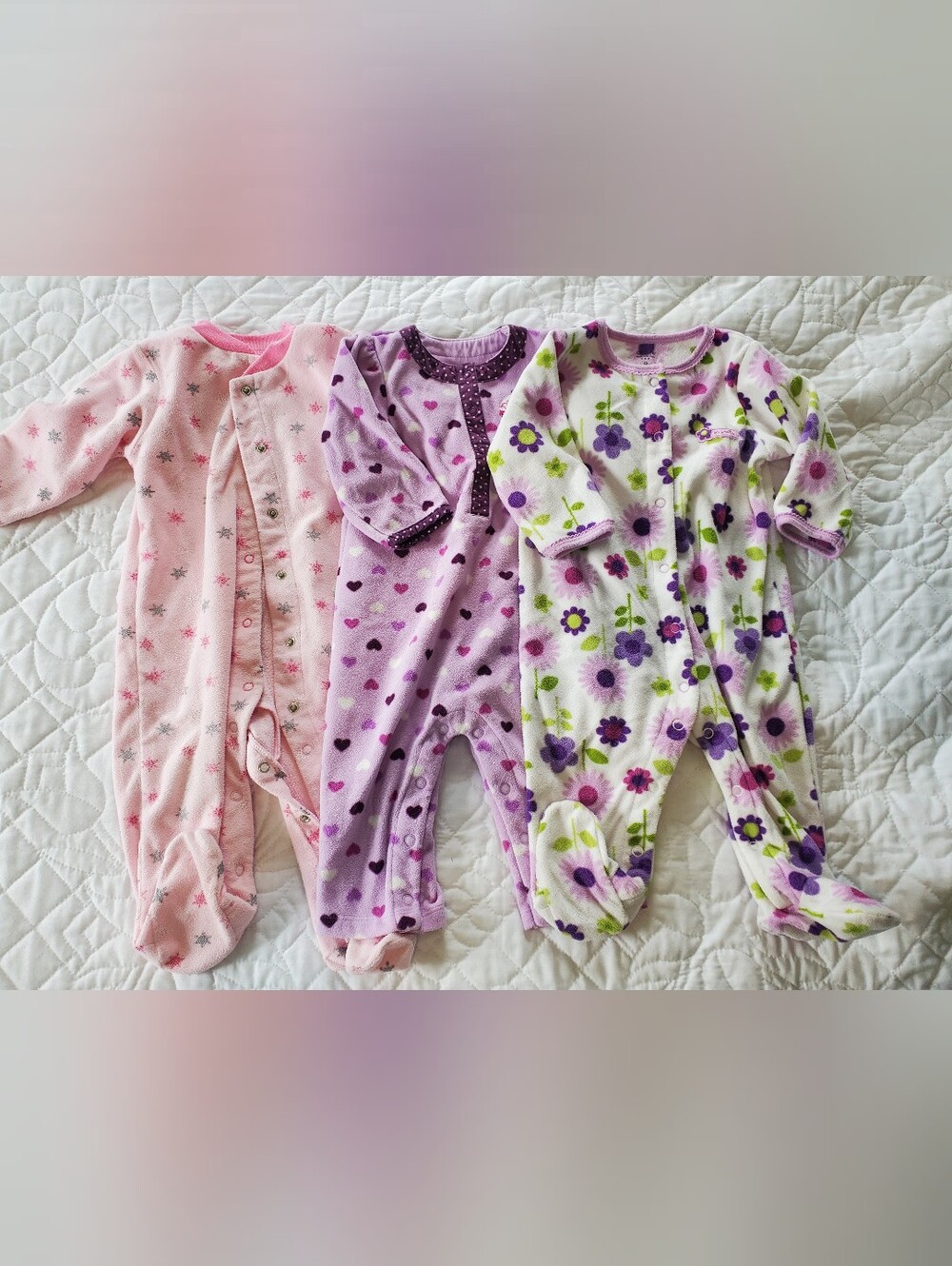 9 Month Girls Pink & Purple Floral and Heart One-Piece Sleepers - Set of 3
